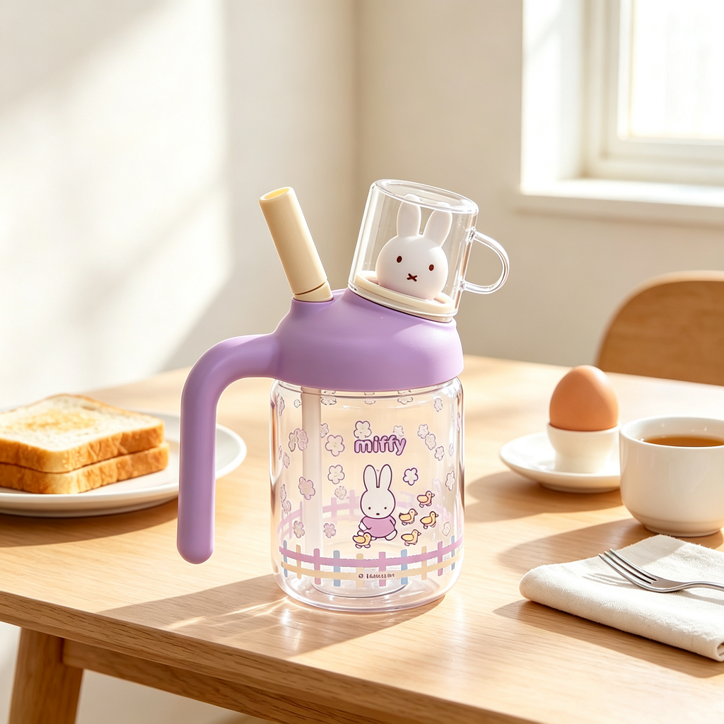 Miffy Nostalgia Glass Tumbler, 750ml Dual-Use Straw & Straight Water Cup