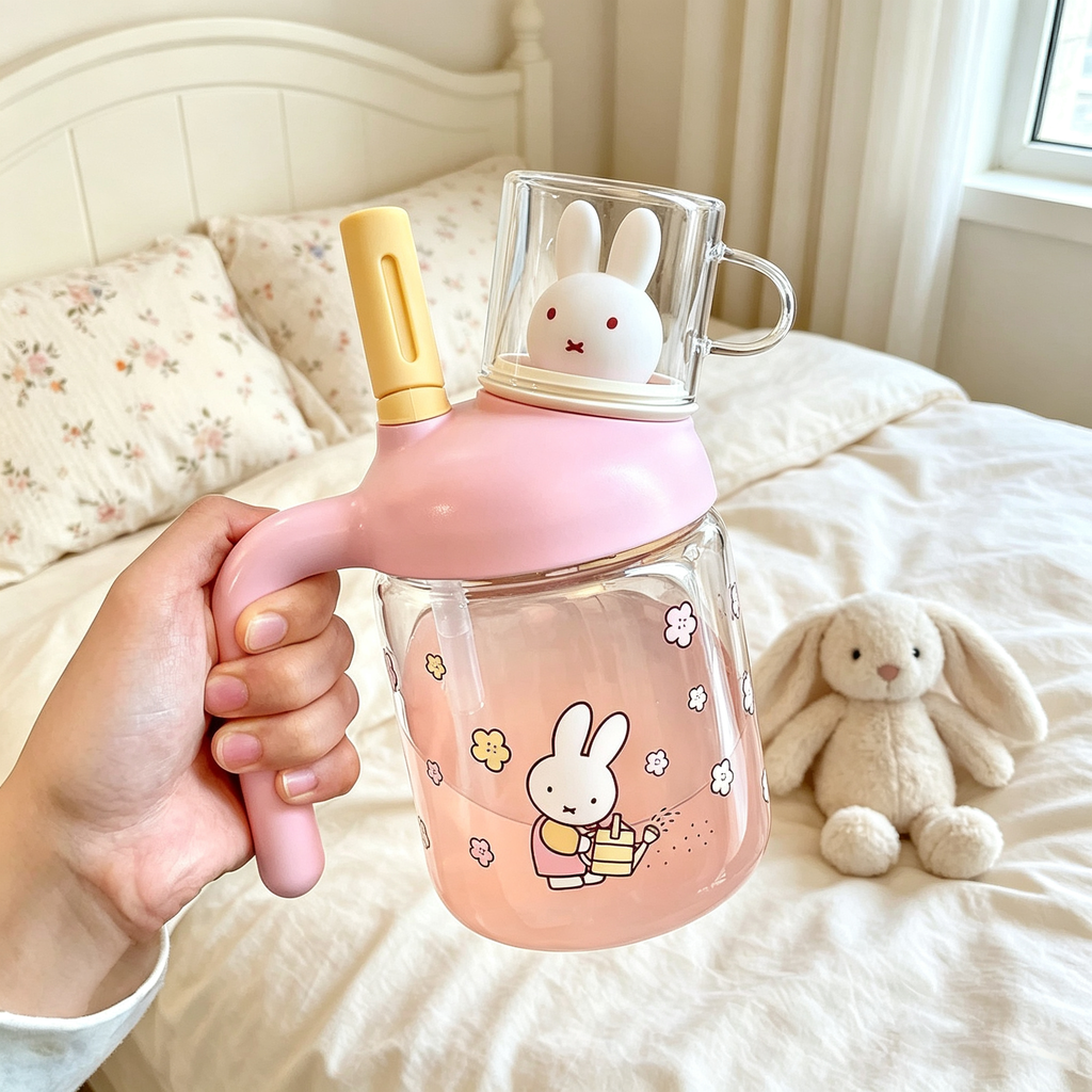 Miffy Nostalgia Glass Tumbler, 750ml Dual-Use Straw & Straight Water Cup