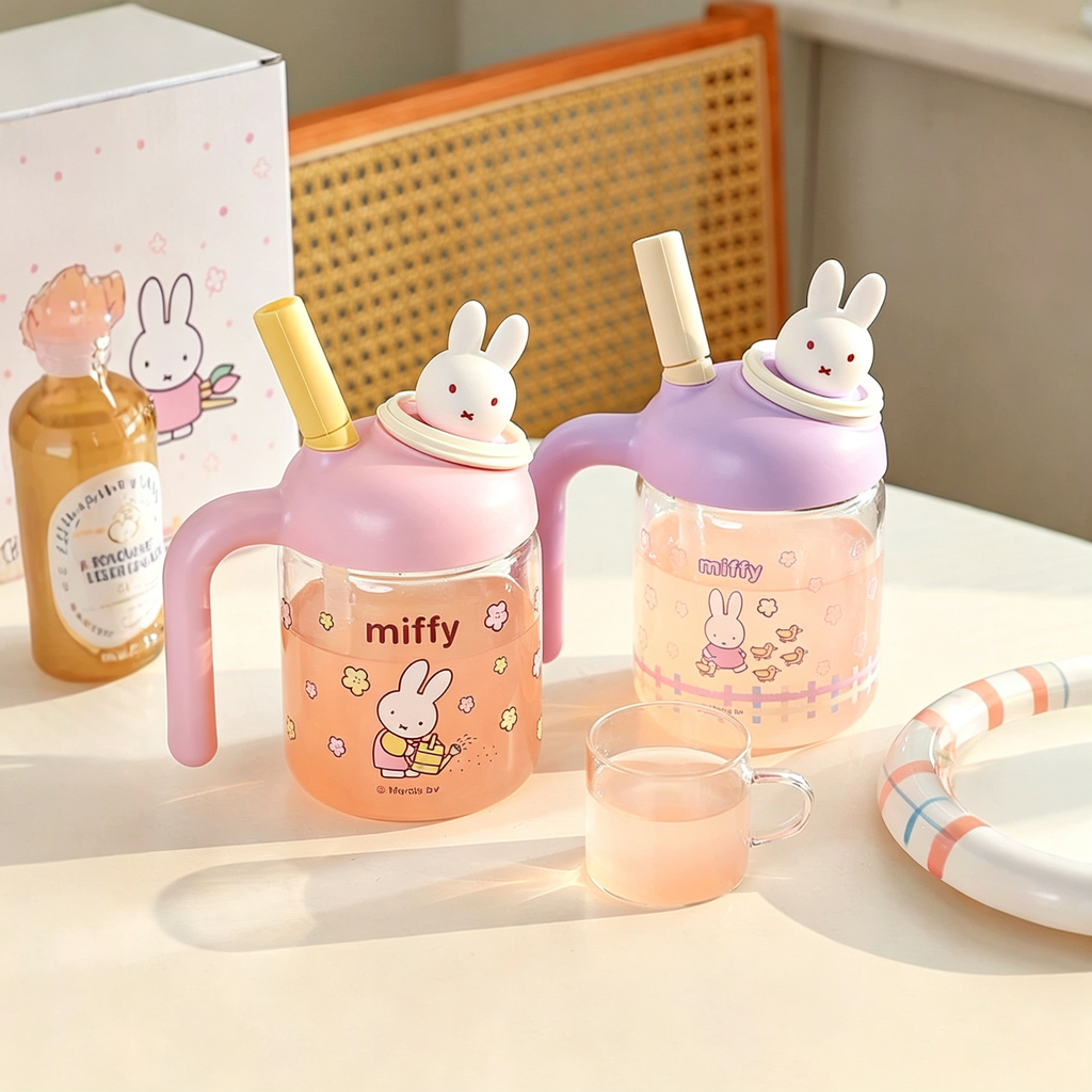Miffy Nostalgia Glass Tumbler, 750ml Dual-Use Straw & Straight Water Cup